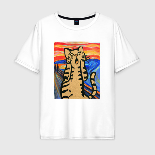 Мужская футболка оверсайз из хлопка с принтом Орущий кот пародия на Крик Мунка, вид спереди №1