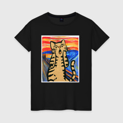 Женская футболка хлопок Орущий кот пародия на Крик Мунка