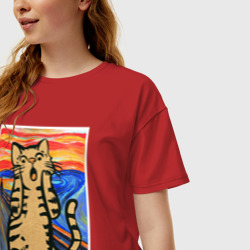 Женская футболка хлопок Oversize Орущий кот пародия на Крик Мунка - фото 2