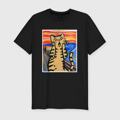 Мужская футболка хлопок Slim Орущий кот пародия на Крик Мунка, цвет черный