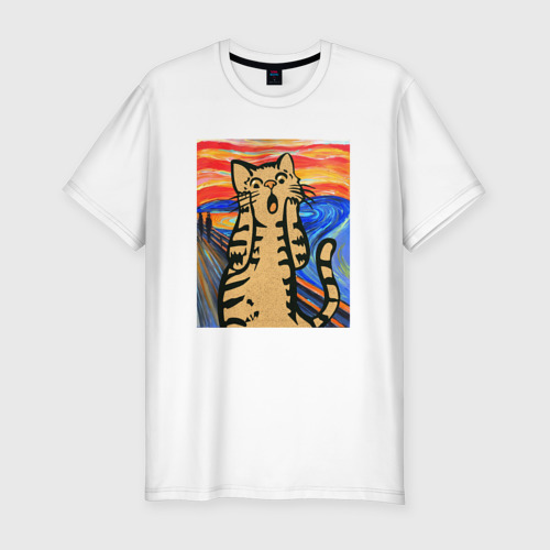Мужская приталенная футболка из хлопка с принтом Орущий кот пародия на Крик Мунка, вид спереди №1