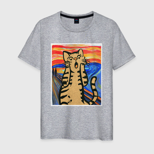 Мужская футболка хлопок Орущий кот пародия на Крик Мунка, цвет меланж