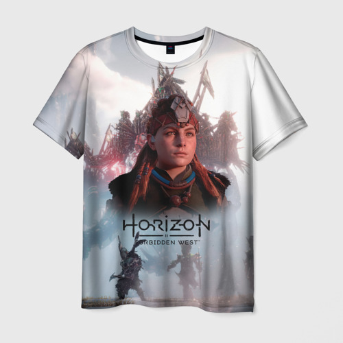 Мужская футболка с принтом Элой Horizon Forbidden West game, вид спереди №1
