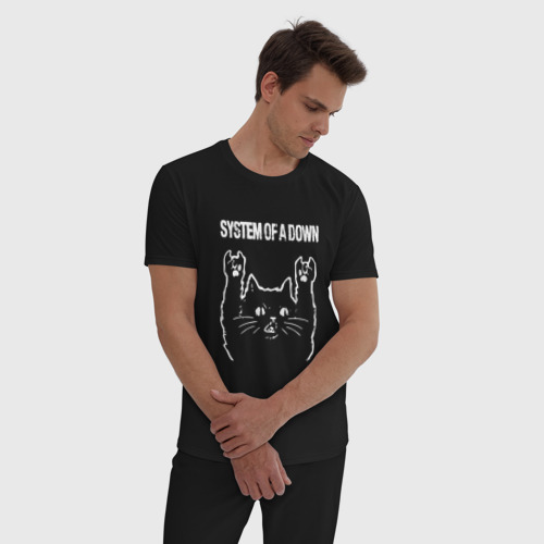 Мужская пижама хлопок System of a Down Рок кот, цвет черный - фото 3