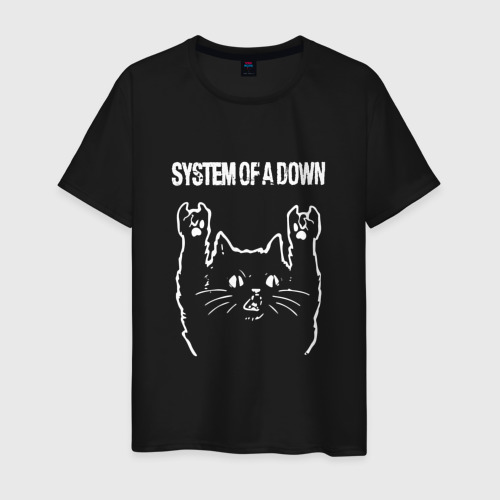 Мужская футболка из хлопка с принтом System of a Down Рок кот, вид спереди №1