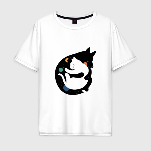 Мужская футболка из хлопка оверсайз с принтом Обнимашки волк и кошка, вид спереди №1