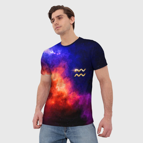 Мужская футболка 3D с принтом ВОДОЛЕЙ - знак в космосе, фото на моделе #1