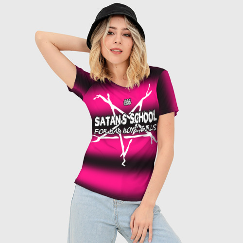 Женская футболка 3D Slim Satan school for bad boys and girls Pink, цвет 3D печать - фото 3