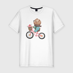 Мужская футболка хлопок Slim Медведь с цветами на велосипеде