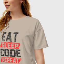 Женская футболка хлопок Oversize EAT. sleep. code. repeat - фото 2