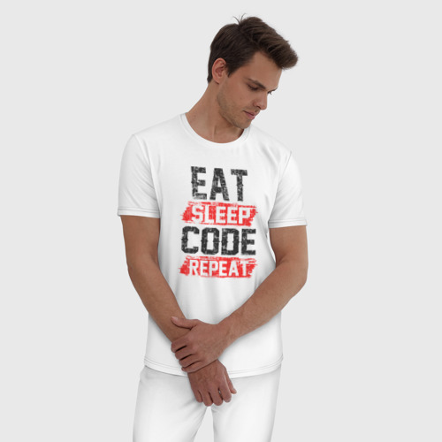 Мужская пижама хлопок EAT. sleep. code. repeat, цвет белый - фото 3