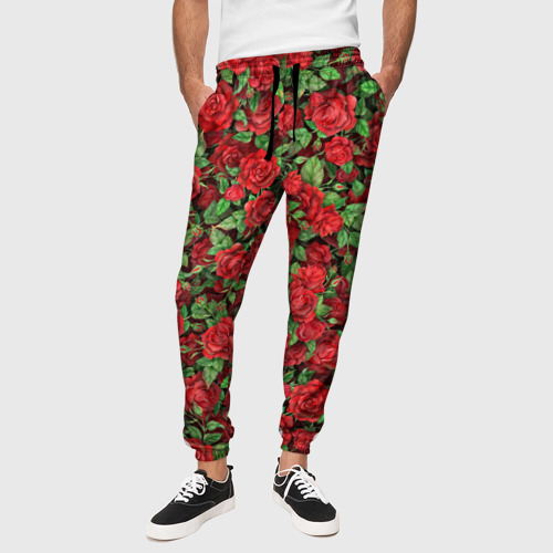 Мужские брюки 3D с принтом Букет алых роз, вид сбоку #3