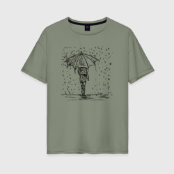 Женская футболка хлопок Oversize Девушка с зонтом под дождем