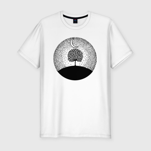 Мужская футболка хлопок Slim с принтом Луна и дерево, вид спереди #2