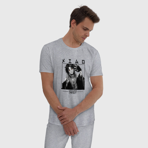 Мужская пижама хлопок с принтом Сяо Адепт в квадрате с иероглифами, фото на моделе #1