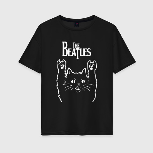 Женская футболка хлопок Oversize The Beatles Рок Кот, цвет черный