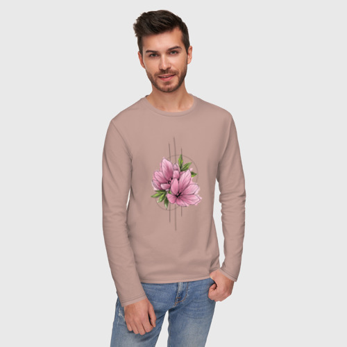 Мужской лонгслив хлопок с принтом Акварельный розовой цветок, фото на моделе #1