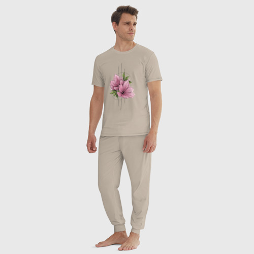 Мужская пижама хлопок Акварельный розовой цветок, цвет миндальный - фото 5