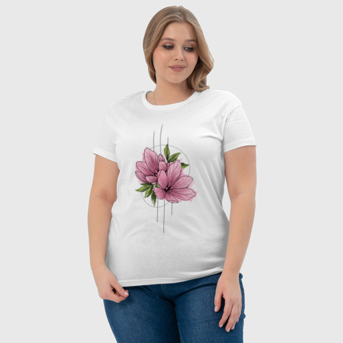 Женская футболка хлопок Акварельный розовой цветок, цвет белый - фото 6