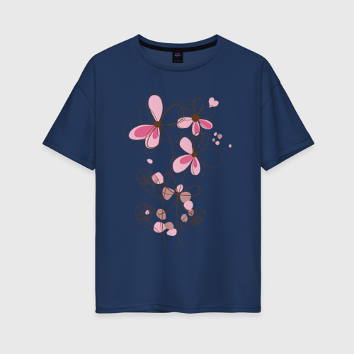 Женская футболка хлопок Oversize Эскиз розовые цветы, цвет темно-синий