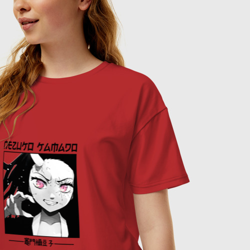 Женская футболка хлопок Oversize с принтом Незуко Камадо в квадрате с иероглифами, фото на моделе #1