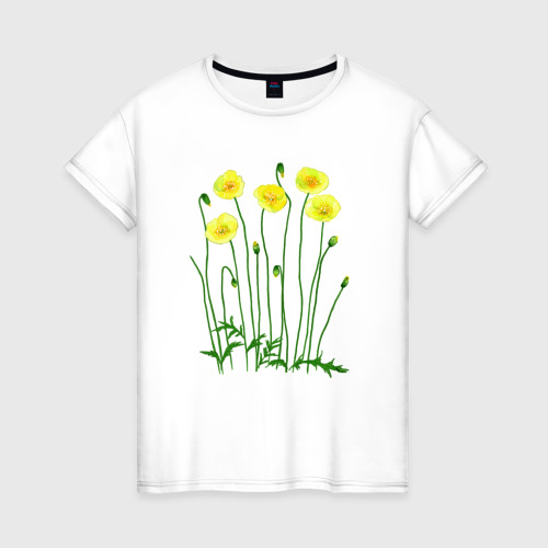 Женская футболка из хлопка с принтом Эскиз желтые цветы, вид спереди №1