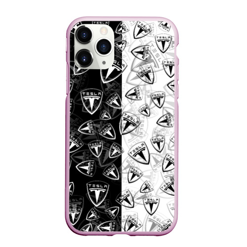 Чехол для iPhone 11 Pro Max матовый Tesla black and white logo pattern, цвет розовый