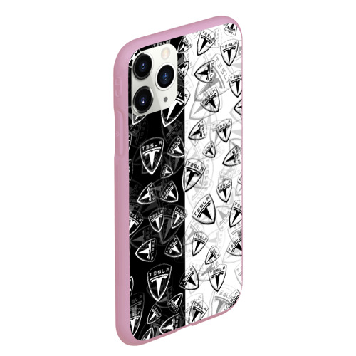 Чехол для iPhone 11 Pro Max матовый Tesla black and white logo pattern, цвет розовый - фото 3