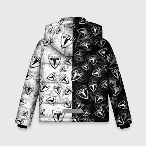 Зимняя куртка для мальчиков 3D с принтом Tesla black and white logo pattern, вид сзади #1