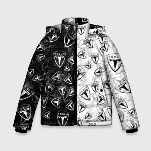 Зимняя куртка для мальчиков 3D с принтом Tesla black and white logo pattern, вид спереди #2