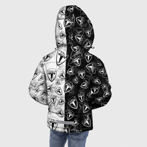 Зимняя куртка для мальчиков 3D с принтом Tesla black and white logo pattern, вид сзади #2