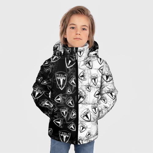 Зимняя куртка для мальчиков 3D с принтом Tesla black and white logo pattern, фото на моделе #1