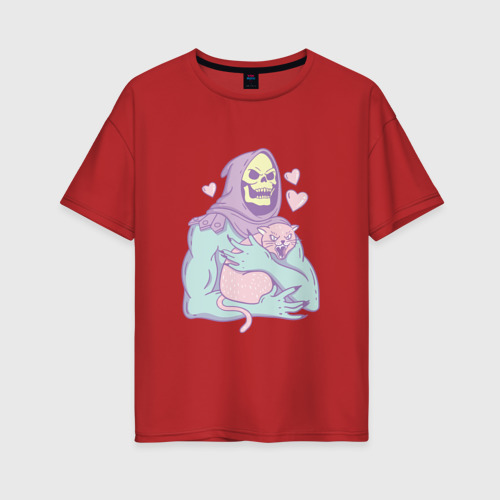 Женская футболка хлопок Oversize Властелины вселенной 2023 сердечки и котики, цвет красный
