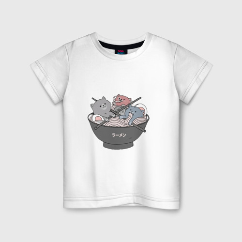 Детская футболка из хлопка с принтом Коты и Рамен, вид спереди №1