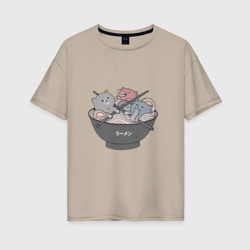 Женская футболка хлопок Oversize Коты и Рамен