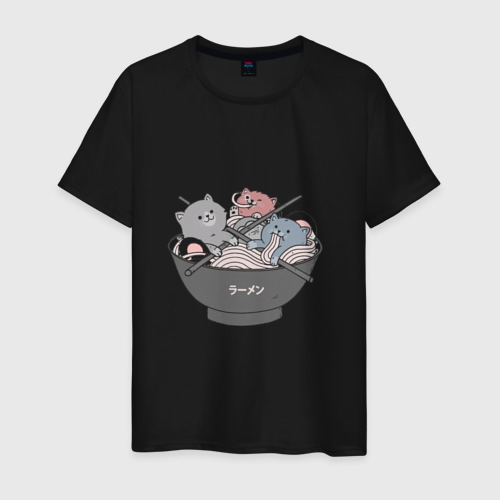 Мужская футболка хлопок с принтом Коты и рамен, вид спереди #2