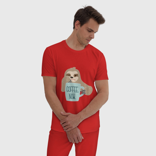 Мужская пижама хлопок Ленивец с кофе, цвет красный - фото 3