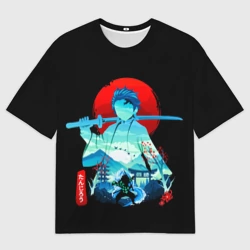 Женская футболка oversize 3D Танджиро Комадо Силуэт/ Клинок рассекающий демонов Demon Slayer