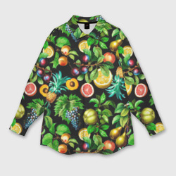 Женская рубашка oversize 3D Сочные фрукты   персик груша слива ананас