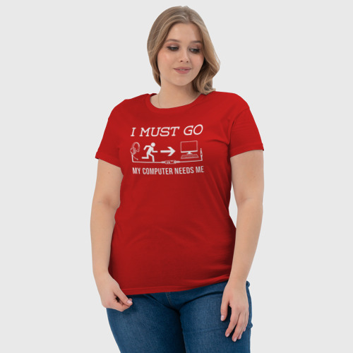 Женская футболка хлопок Я должен идти, мой компьютер нуждается во мне, цвет красный - фото 6
