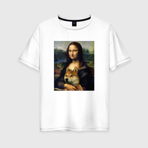 Женская футболка оверсайз из хлопка с принтом Shiba Inu Mona Lisa, вид спереди №1
