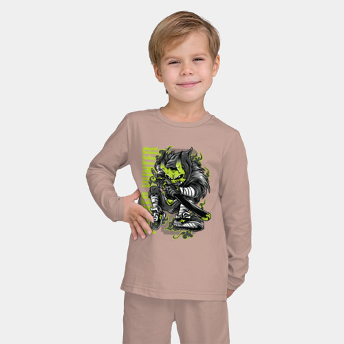 Детская пижама с лонгсливом хлопок с принтом Монстр самурай, фото на моделе #1