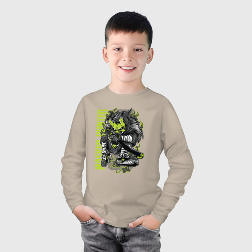 Детский лонгслив хлопок Монстр самурай, цвет миндальный - фото 3