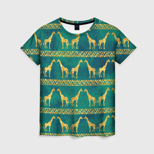 Женская футболка 3D с принтом Золотые жирафы (паттерн), вид спереди #2