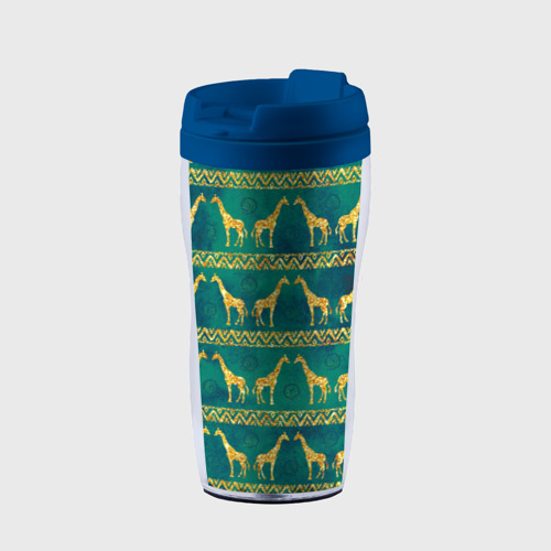 Термокружка-непроливайка Золотые жирафы паттерн, цвет синий