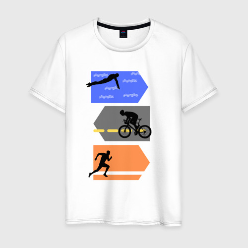 Мужская футболка из хлопка с принтом Триатлон — плыть, ехать, бежать, вид спереди №1
