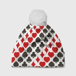 Шапка 3D c помпоном Карточные Масти Card Suits pattern