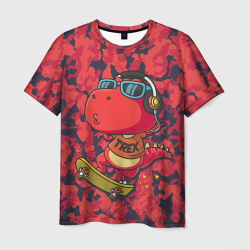 Мужская футболка с принтом Веселый динозавр на скейте, вид спереди №1