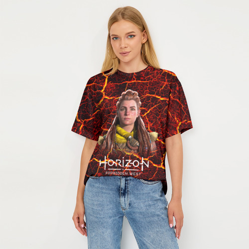 Женская футболка oversize 3D Horizon forbidden west red, цвет 3D печать - фото 5