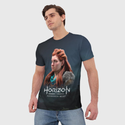 Футболка с принтом Aloy horizon forbidden west для мужчины, вид на модели спереди №2. Цвет основы: белый